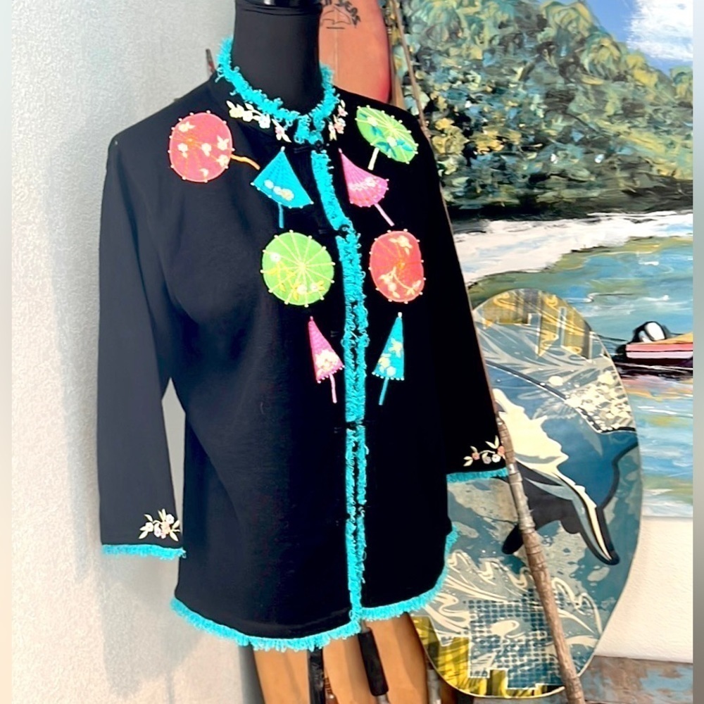 Inspired by Deleroy,Parasol Appliqué Embroidered Cardigan Whimsical Art,Size XL - Picture 3 of 13